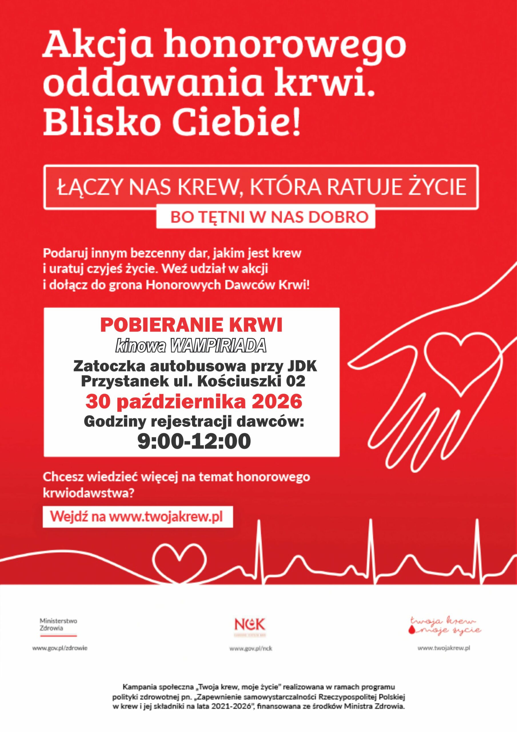 Czerwony plakat promujący akcję honorowego oddawania krwi „KINOWA Wampiriada”. Informuje o pobieraniu krwi 30 października 2026 roku przy JDK w Przemyślu, w godzinach rejestracji 9:00–12:00. Na plakacie widnieją grafiki dłoni z sercem i linii EKG oraz hasła zachęcające do oddawania krwi i ratowania życia.